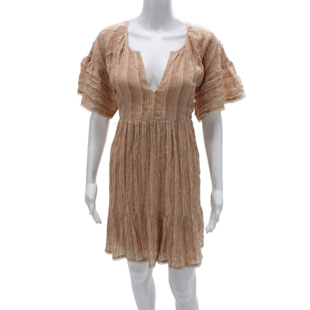 dRA Los Angeles Womens Beige Striped Cotton V Neck Sundress Short Sleeve Size L